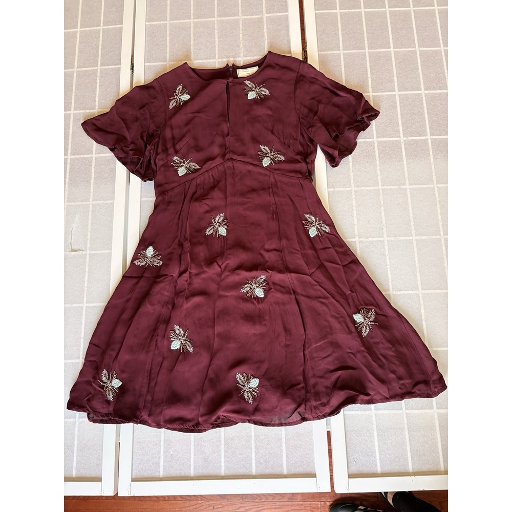 Anthropologie Moulinette Soeurs Beaded Firefly Dress Sz 2 Petite Silk Burgundy